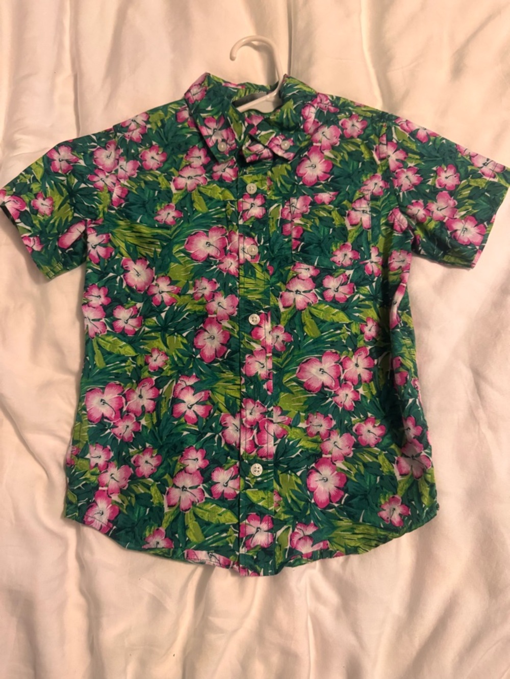 Janie and Jack Green Short-Sleeve Button-Down with Pink Floral Print